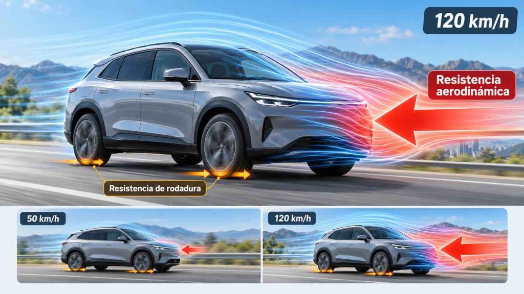 Consumo a 120 km/h: por qué tu coche eléctrico gasta un 41 % más 2 Resistencia aerodinámica en carretera